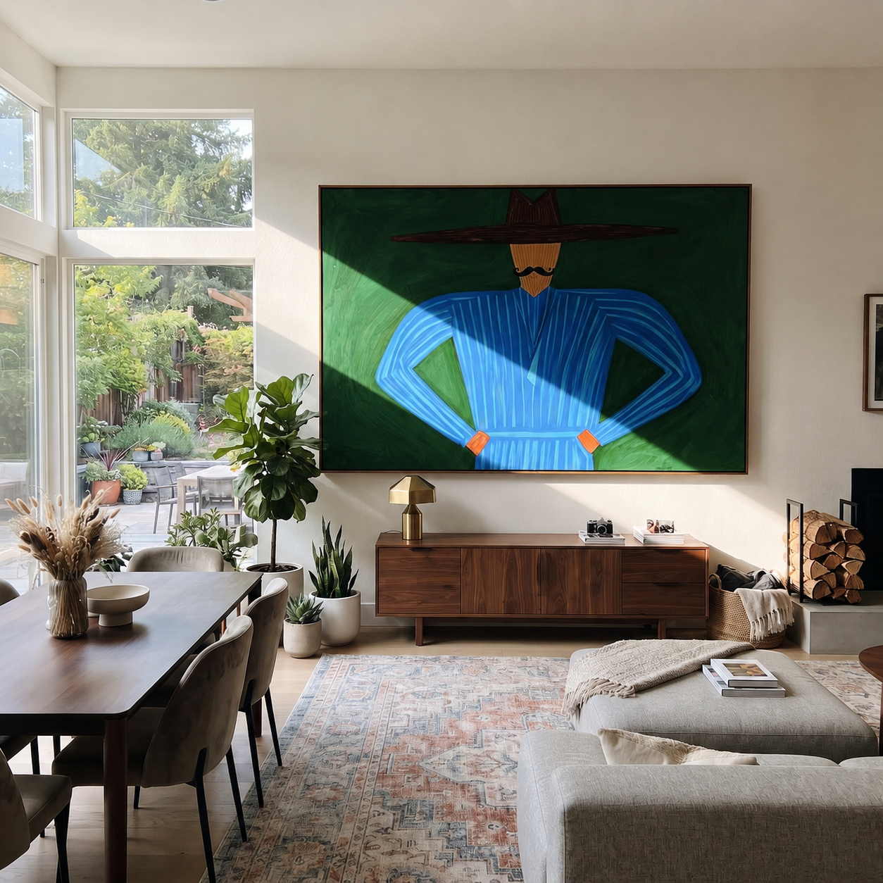 Blue Angles Hold Forest - Blue Hands on Hips Figure painting by Adrian Lee, mid-century modern horizontal wall art – styled room scene view 1