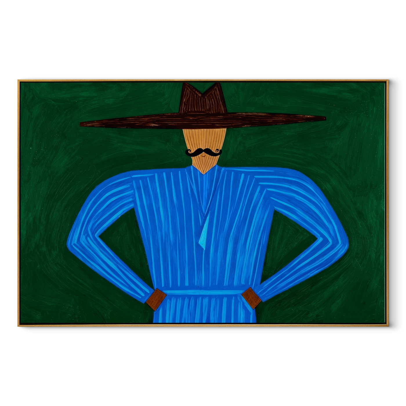 Blue Angles Hold Forest - Blue Hands on Hips Figure painting by Adrian Lee, mid-century modern horizontal wall art – wood frame on white background