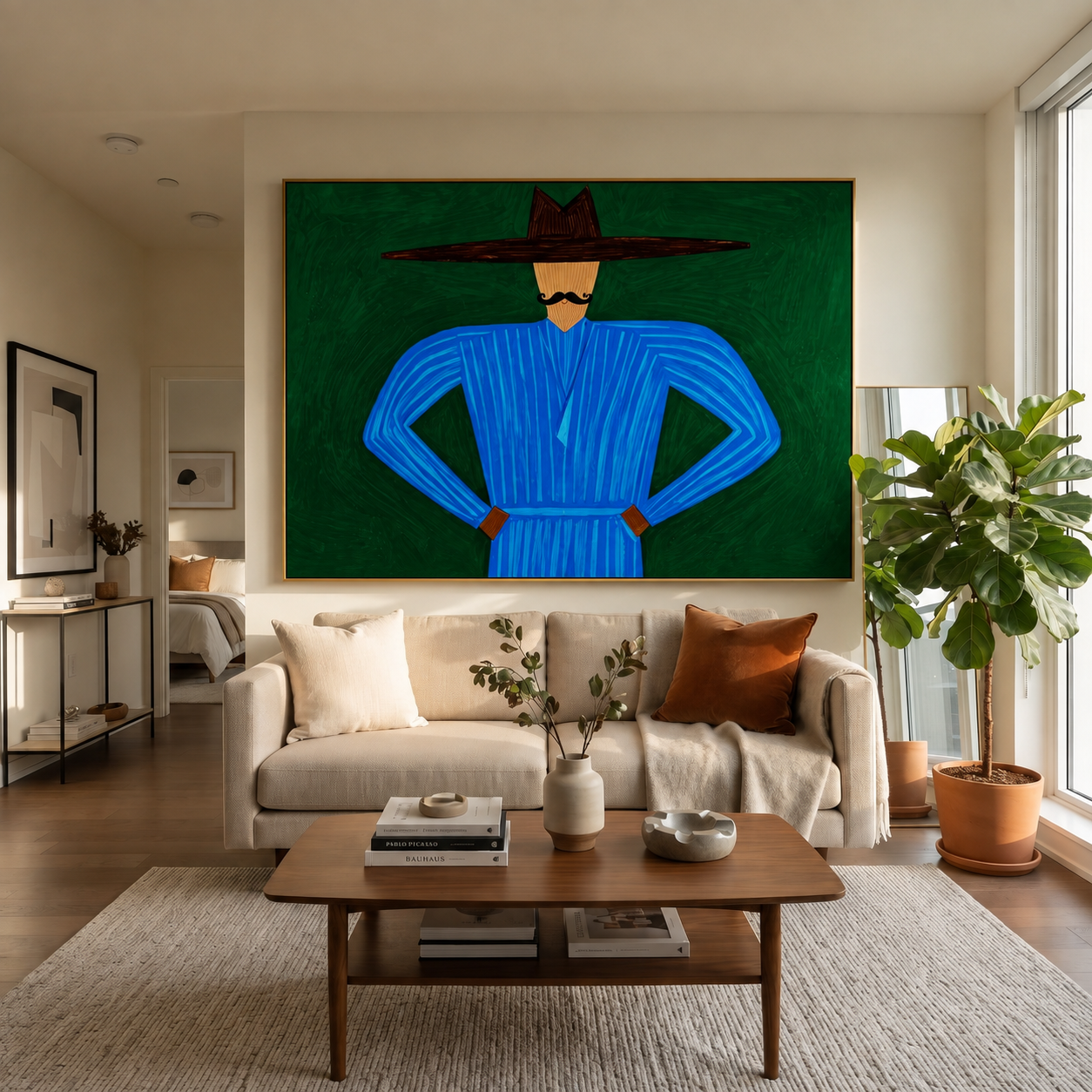 Blue Angles Hold Forest - Blue Hands on Hips Figure painting by Adrian Lee, mid-century modern horizontal wall art – styled room scene view 2