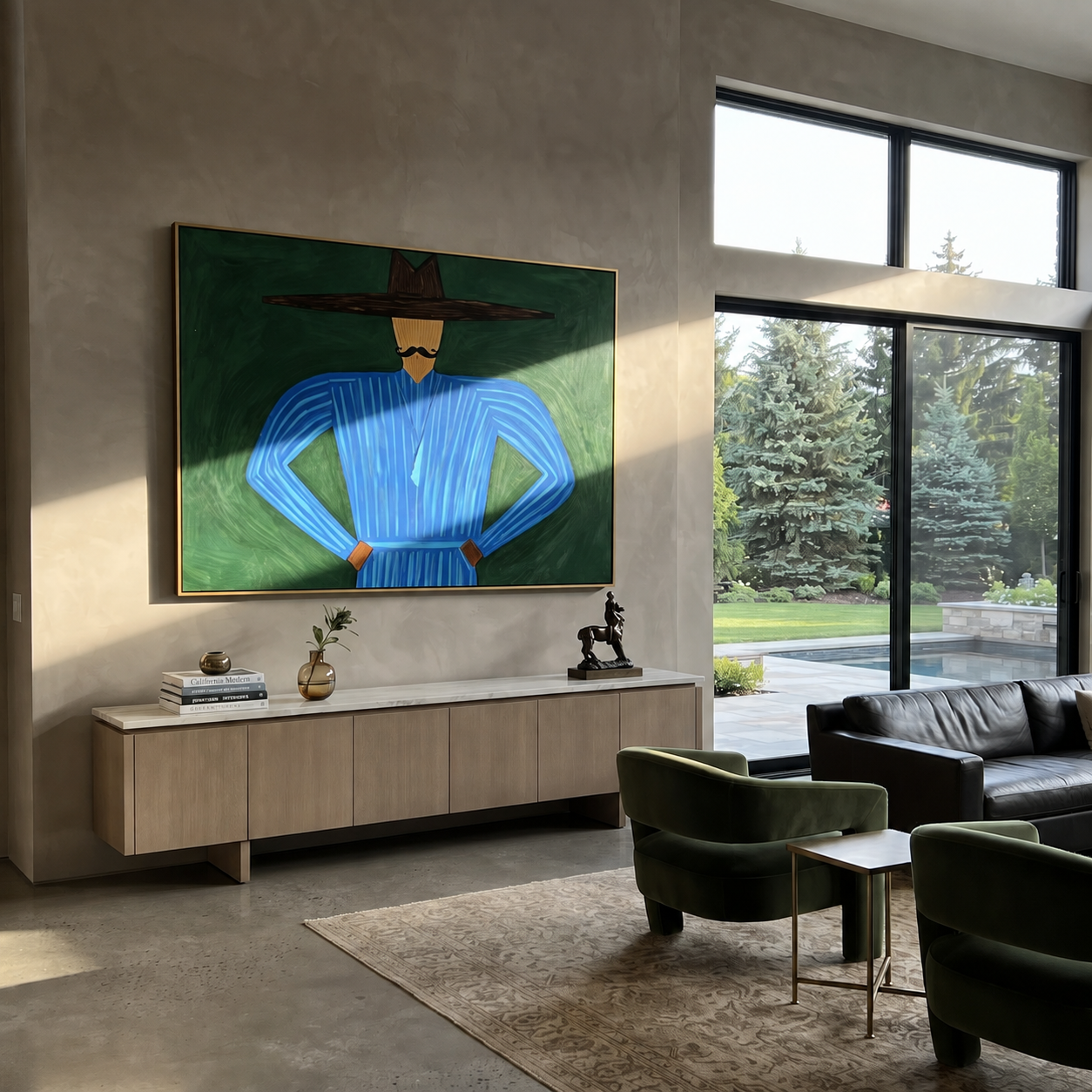 Blue Angles Hold Forest - Blue Hands on Hips Figure painting by Adrian Lee, mid-century modern horizontal wall art – styled room scene view 3