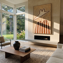 Brown Lines Rise through Sand - Tall Brown Stripe Portrait painting by Adrian Lee, mid-century modern vertical wall art – styled room scene view 1