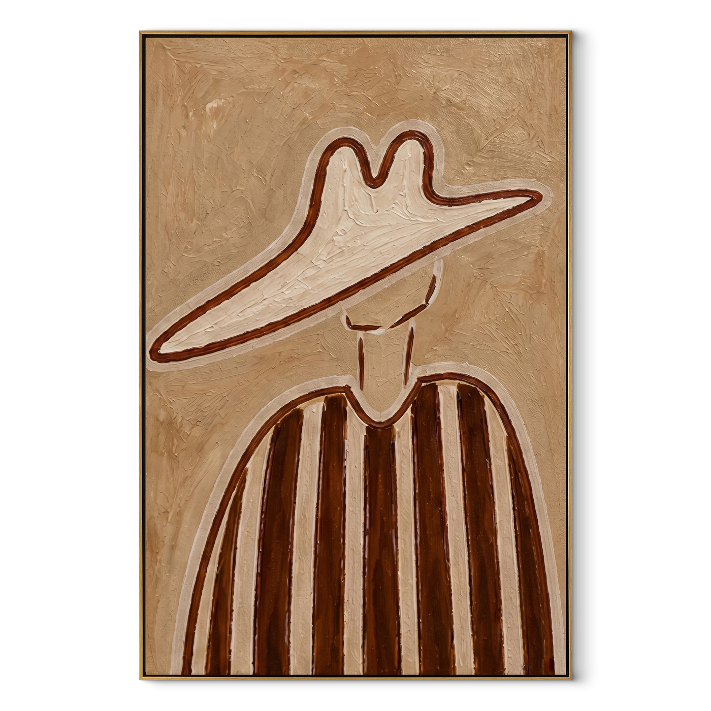 Brown Lines Rise through Sand - Tall Brown Stripe Portrait painting by Adrian Lee, mid-century modern vertical wall art – wood frame on white background