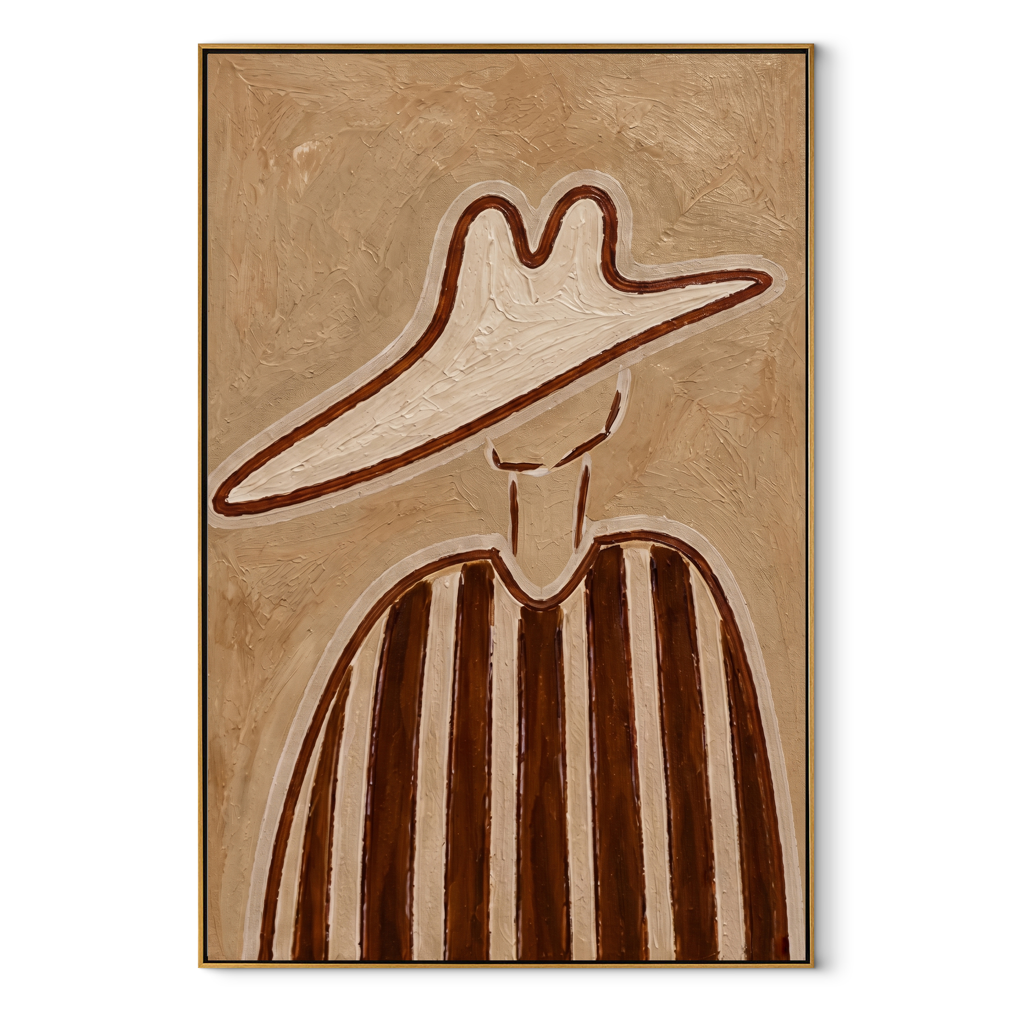 Brown Lines Rise through Sand - Tall Brown Stripe Portrait painting by Adrian Lee, mid-century modern vertical wall art – wood frame on white background