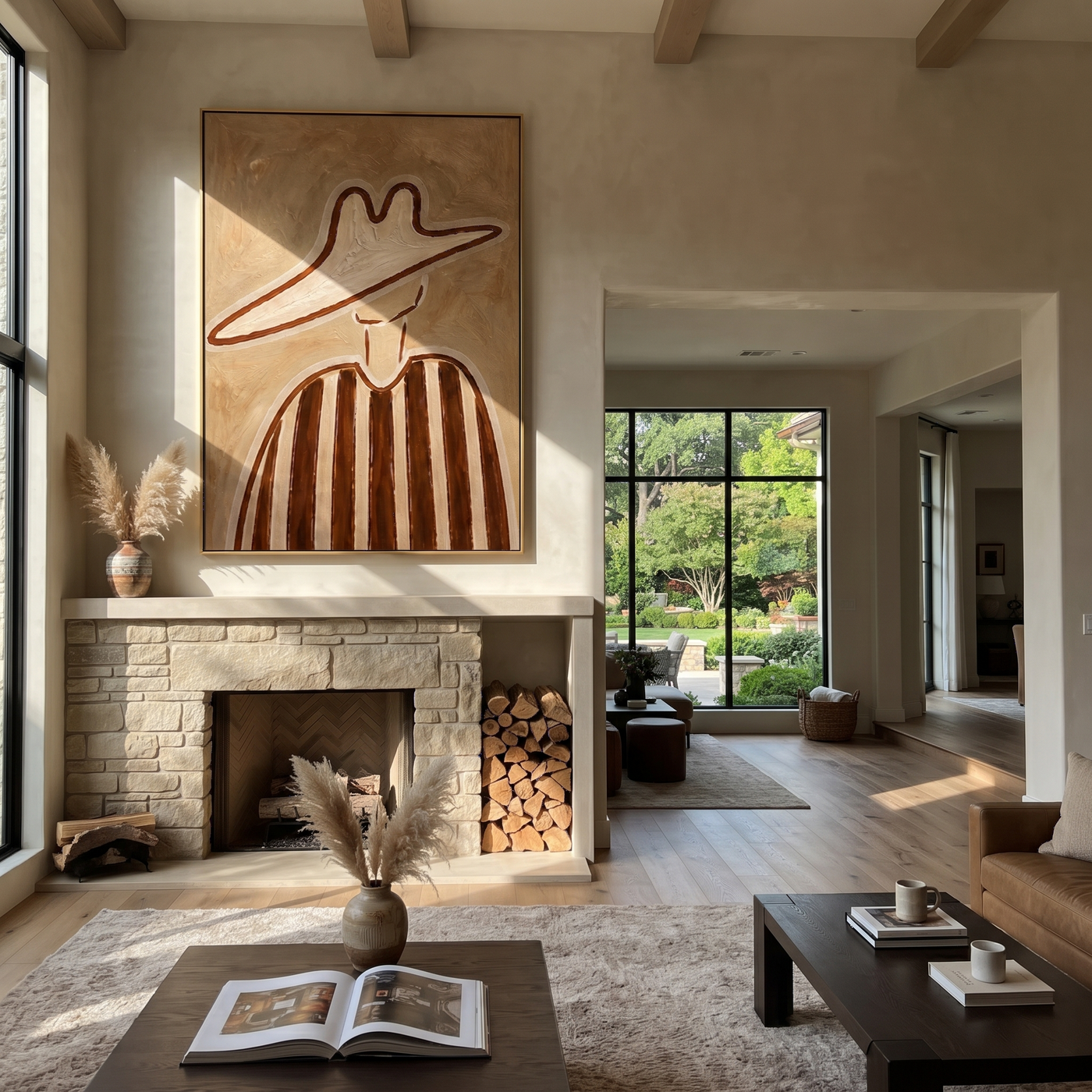 Brown Lines Rise through Sand - Tall Brown Stripe Portrait painting by Adrian Lee, mid-century modern vertical wall art – styled room scene view 2