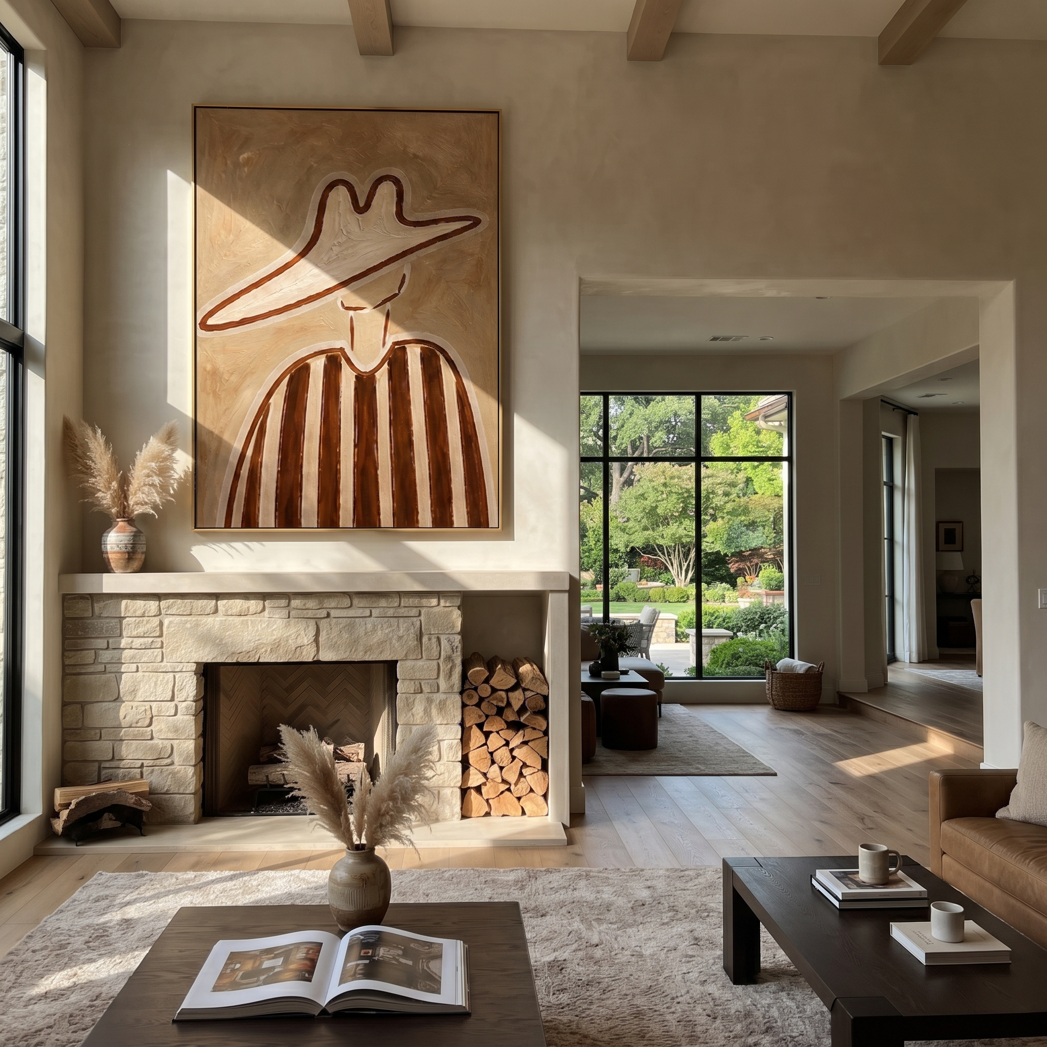 Brown Lines Rise through Sand - Tall Brown Stripe Portrait painting by Adrian Lee, mid-century modern vertical wall art – styled room scene view 2