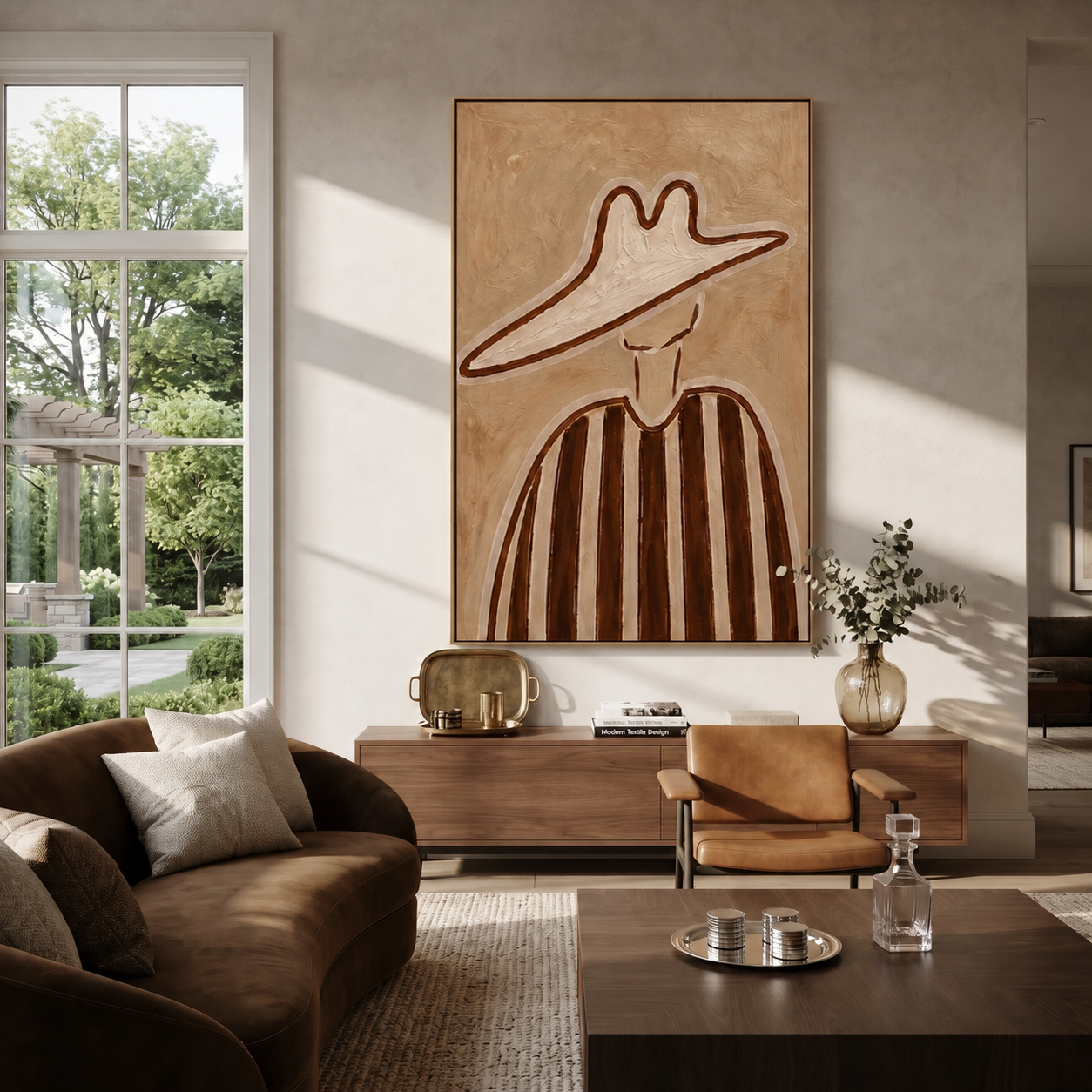 Brown Lines Rise through Sand - Tall Brown Stripe Portrait painting by Adrian Lee, mid-century modern vertical wall art – styled room scene view 3