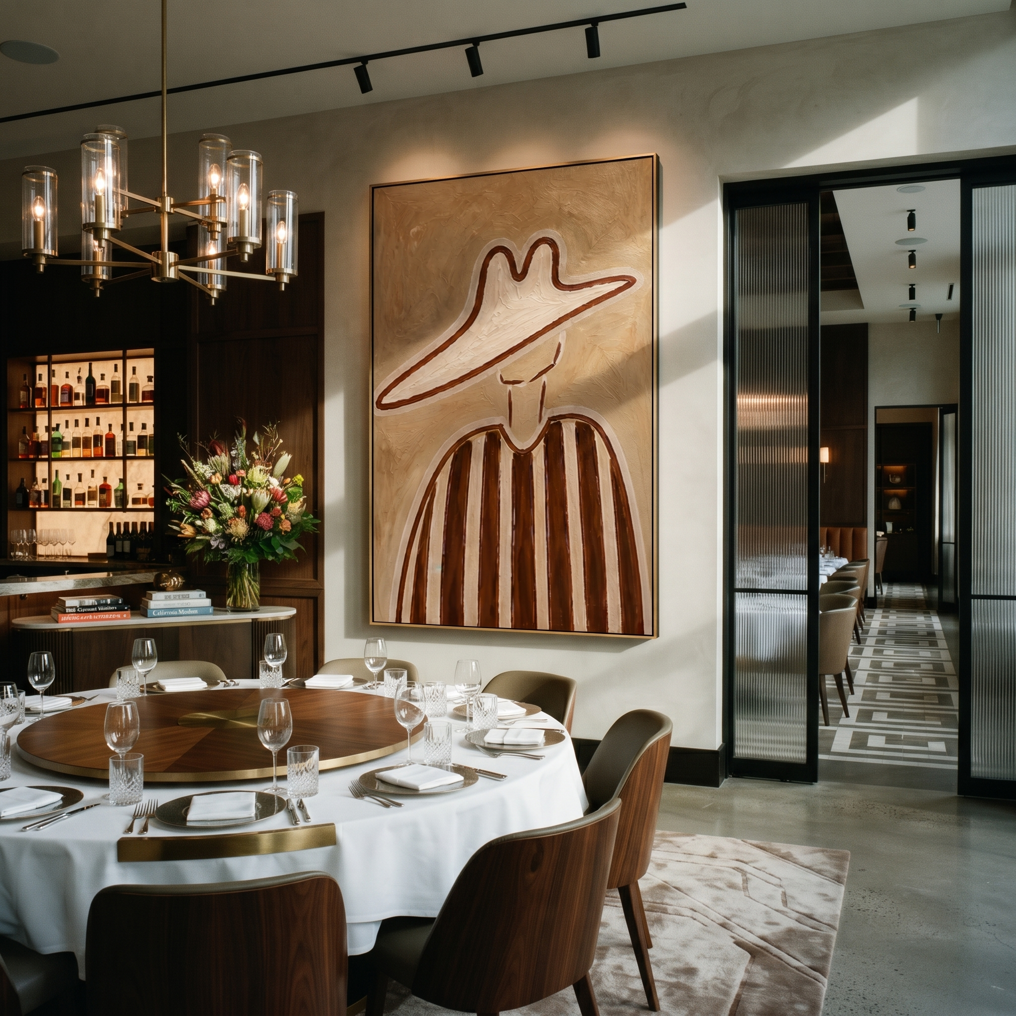 Brown Lines Rise through Sand - Tall Brown Stripe Portrait painting by Adrian Lee, mid-century modern vertical wall art – styled room scene view 4