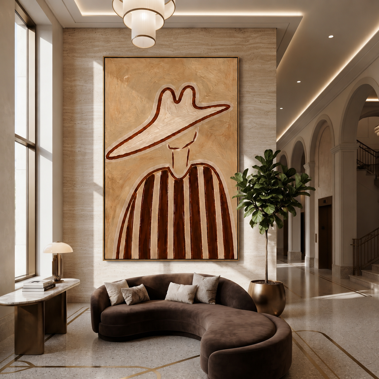 Brown Lines Rise through Sand - Tall Brown Stripe Portrait painting by Adrian Lee, mid-century modern vertical wall art – styled room scene view 5
