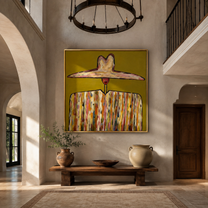 Ivory Horizon Crowns Mustard - wide brim mosaic figure painting by Adrian Lee, mid-century modern square wall art – styled room scene view 1