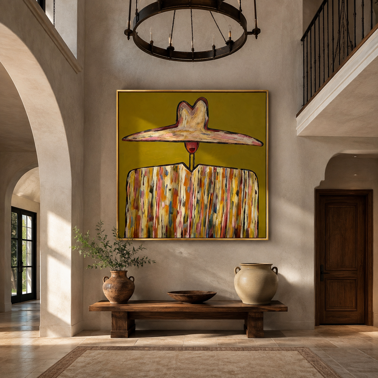 Ivory Horizon Crowns Mustard - wide brim mosaic figure painting by Adrian Lee, mid-century modern square wall art – styled room scene view 1