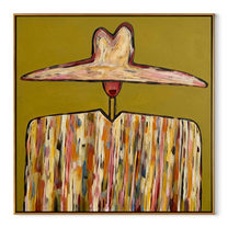 Ivory Horizon Crowns Mustard - wide brim mosaic figure painting by Adrian Lee, mid-century modern square wall art – wood frame on white background