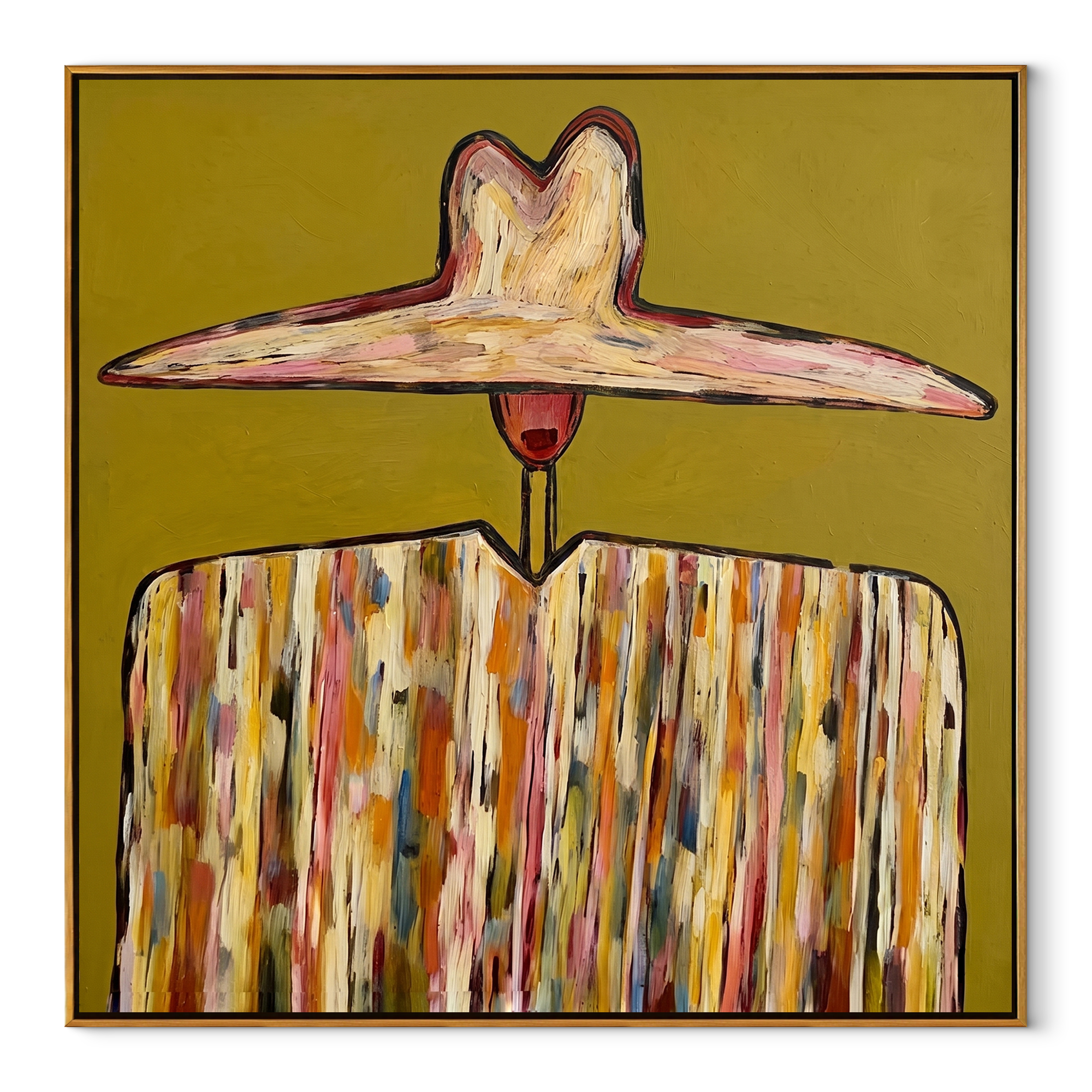 Ivory Horizon Crowns Mustard - wide brim mosaic figure painting by Adrian Lee, mid-century modern square wall art – wood frame on white background