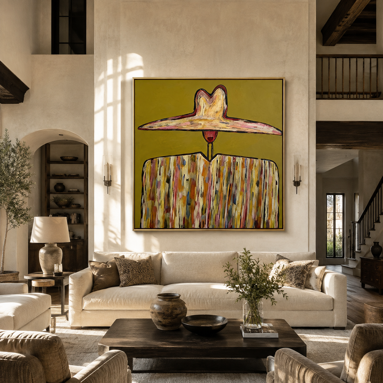 Ivory Horizon Crowns Mustard - wide brim mosaic figure painting by Adrian Lee, mid-century modern square wall art – styled room scene view 2