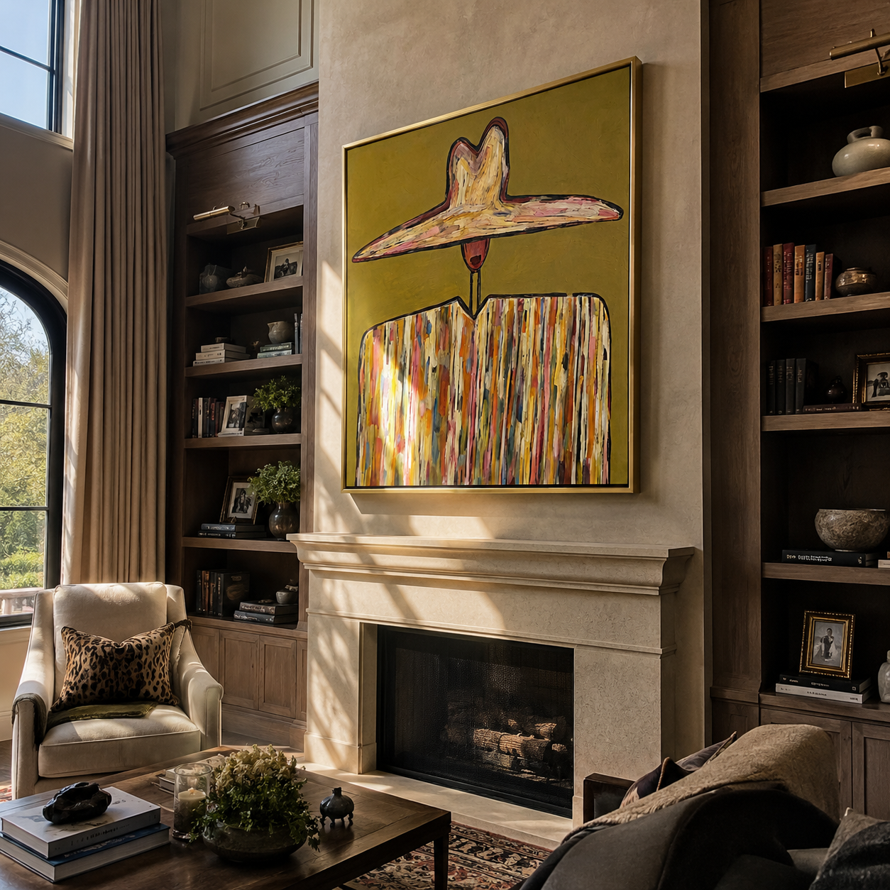 Ivory Horizon Crowns Mustard - wide brim mosaic figure painting by Adrian Lee, mid-century modern square wall art – styled room scene view 3