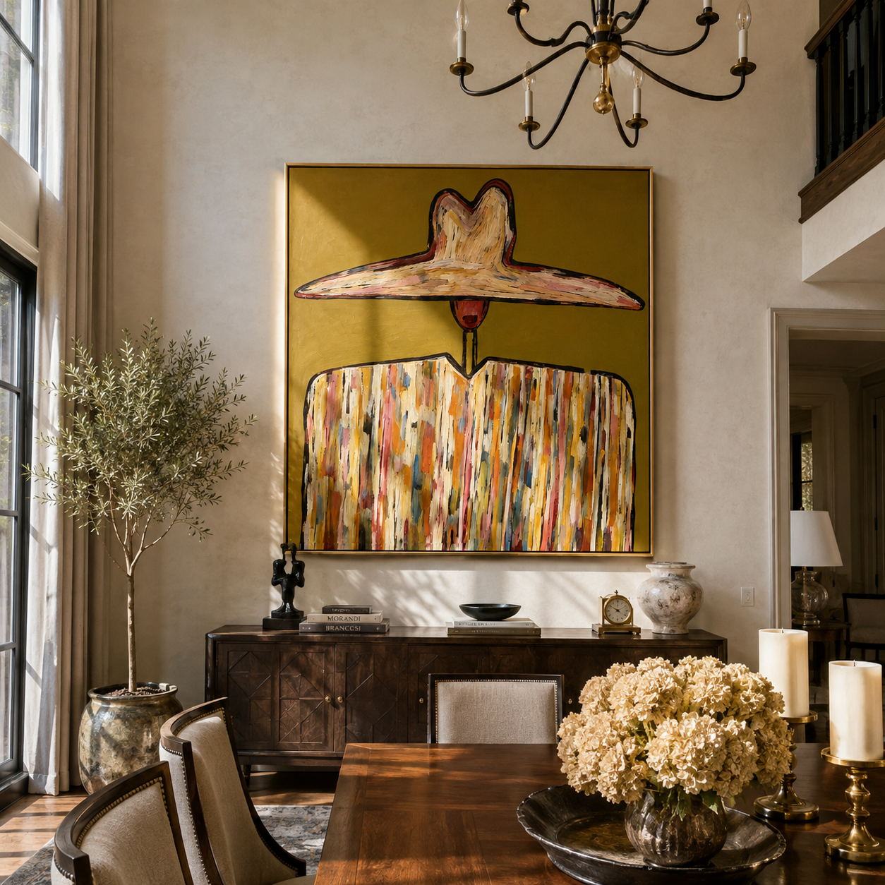Ivory Horizon Crowns Mustard - wide brim mosaic figure painting by Adrian Lee, mid-century modern square wall art – styled room scene view 4