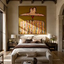 Ivory Horizon Crowns Mustard - wide brim mosaic figure painting by Adrian Lee, mid-century modern square wall art – styled room scene view 5