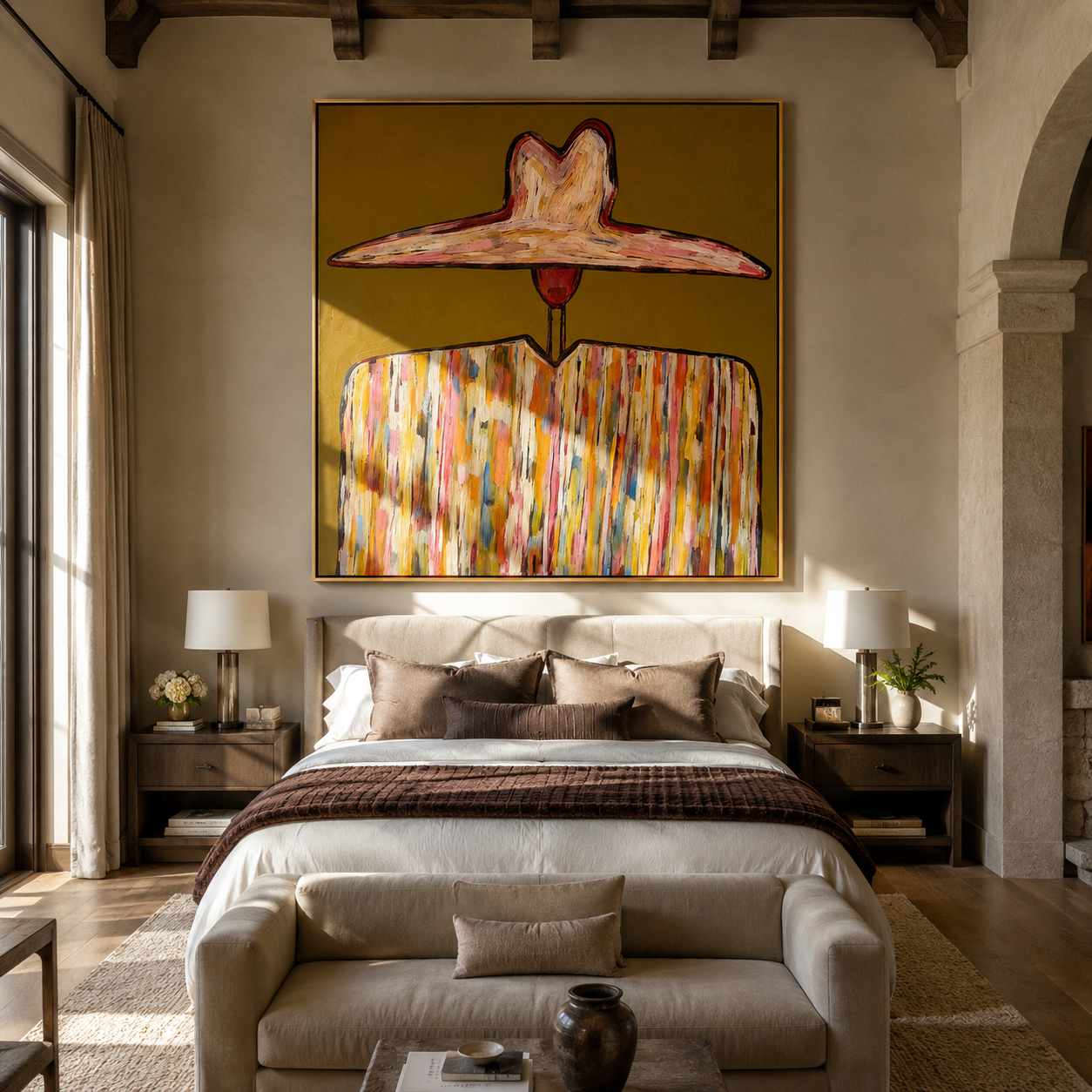 Ivory Horizon Crowns Mustard - wide brim mosaic figure painting by Adrian Lee, mid-century modern square wall art – styled room scene view 5