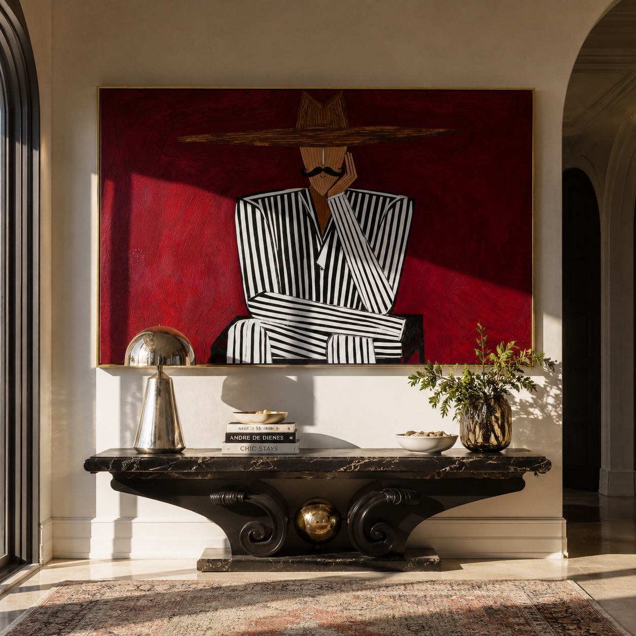 Burgundy Silence Crosses Black Lines - Striped Seated Hat Figure painting by Adrian Lee, mid-century modern horizontal wall art – styled room scene view 1