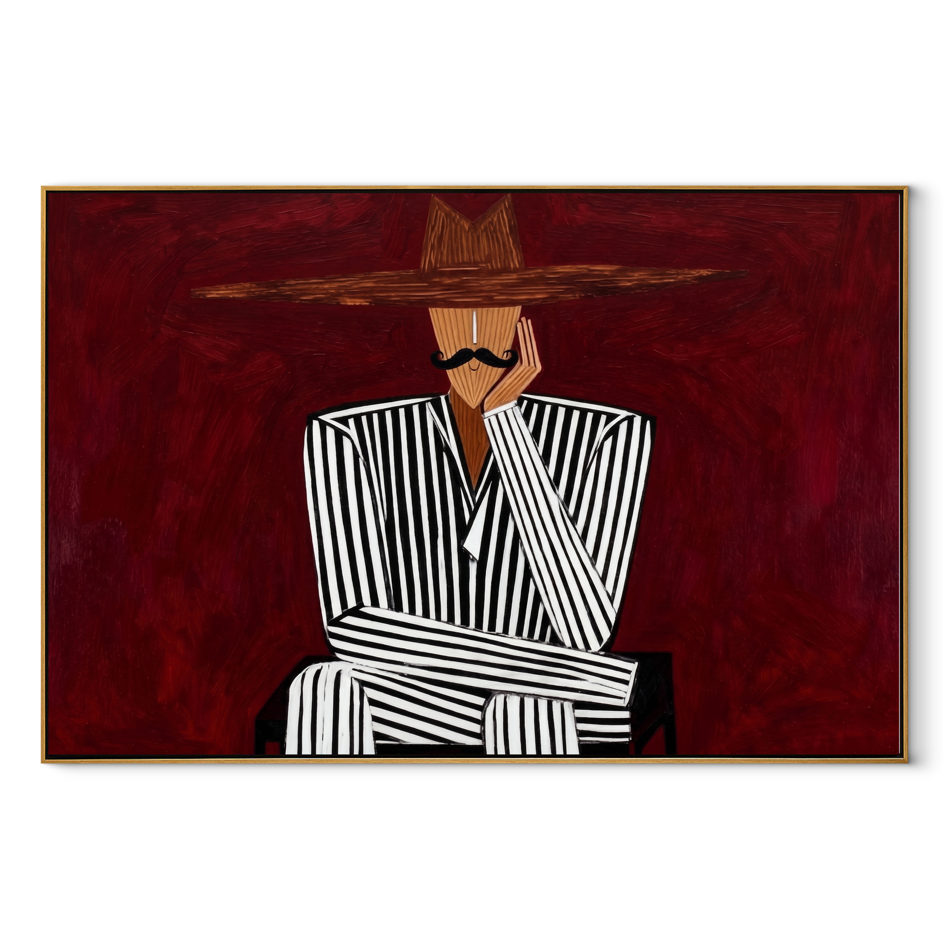 Burgundy Silence Crosses Black Lines - Striped Seated Hat Figure painting by Adrian Lee, mid-century modern horizontal wall art – wood frame on white background