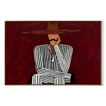 Burgundy Silence Crosses Black Lines - Striped Seated Hat Figure painting by Adrian Lee, mid-century modern horizontal wall art – wood frame on white background