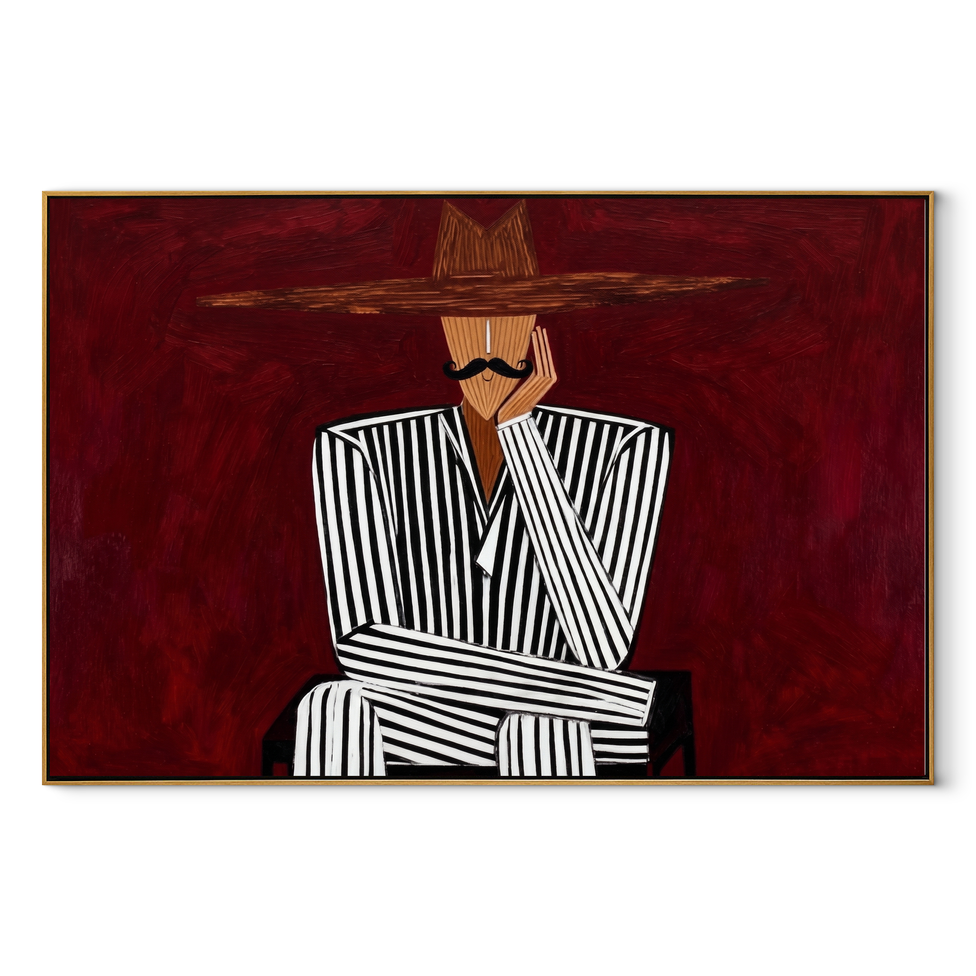 Burgundy Silence Crosses Black Lines - Striped Seated Hat Figure painting by Adrian Lee, mid-century modern horizontal wall art – wood frame on white background