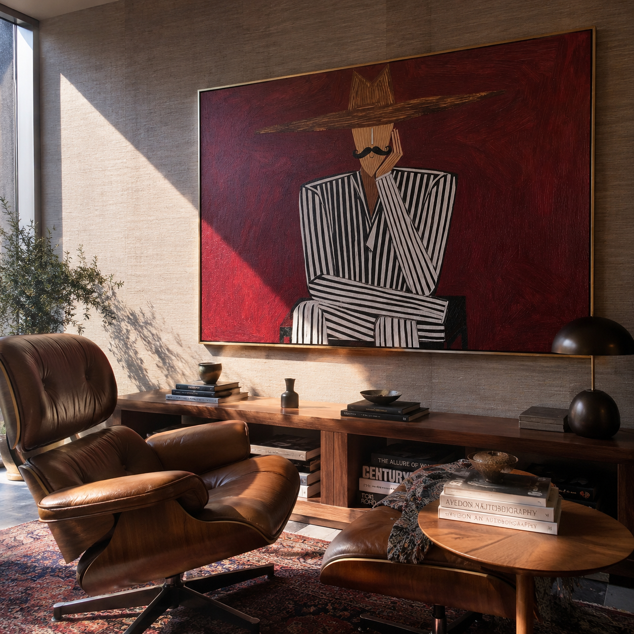 Burgundy Silence Crosses Black Lines - Striped Seated Hat Figure painting by Adrian Lee, mid-century modern horizontal wall art – styled room scene view 2