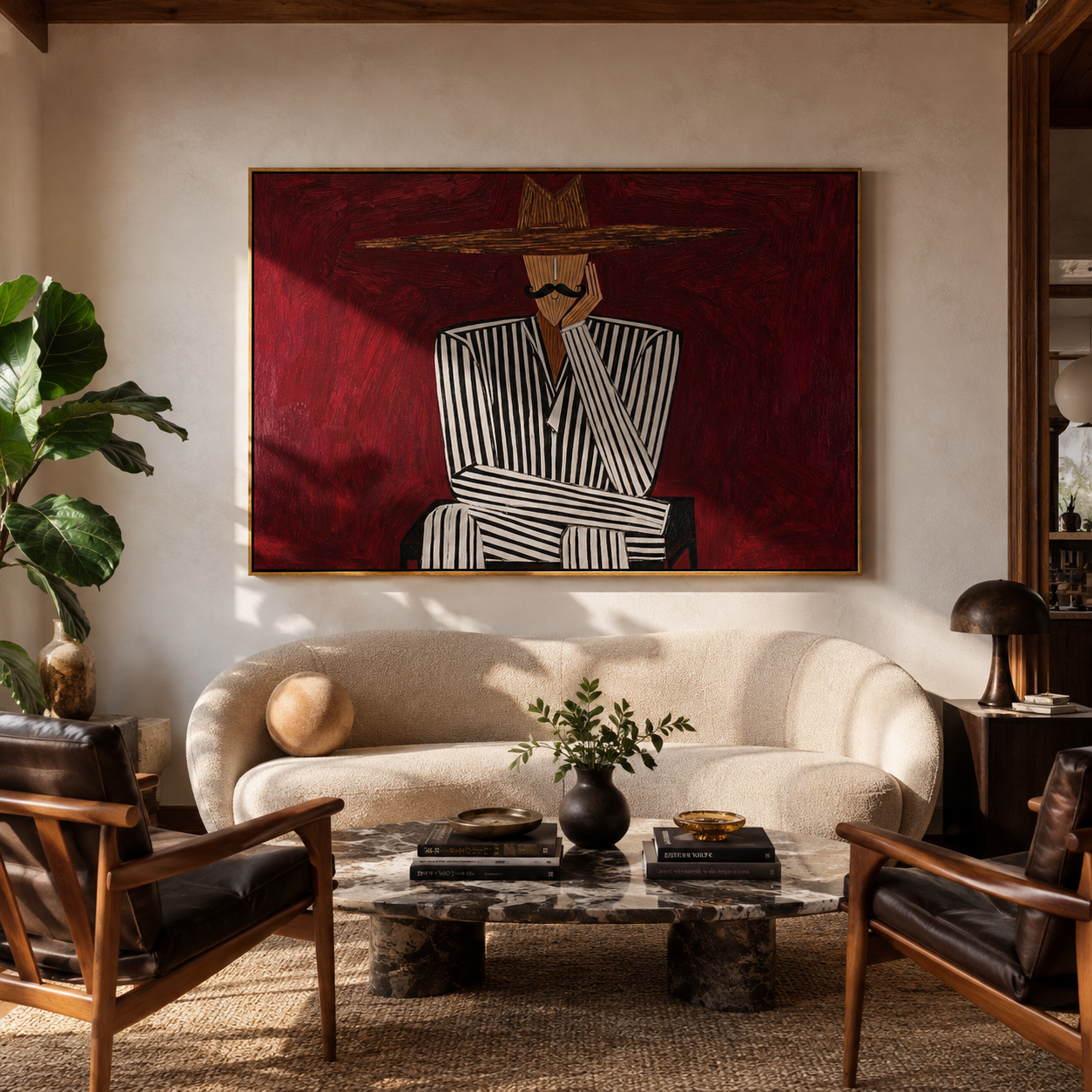 Burgundy Silence Crosses Black Lines - Striped Seated Hat Figure painting by Adrian Lee, mid-century modern horizontal wall art – styled room scene view 3
