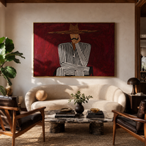 Burgundy Silence Crosses Black Lines - Striped Seated Hat Figure painting by Adrian Lee, mid-century modern horizontal wall art – styled room scene view 3
