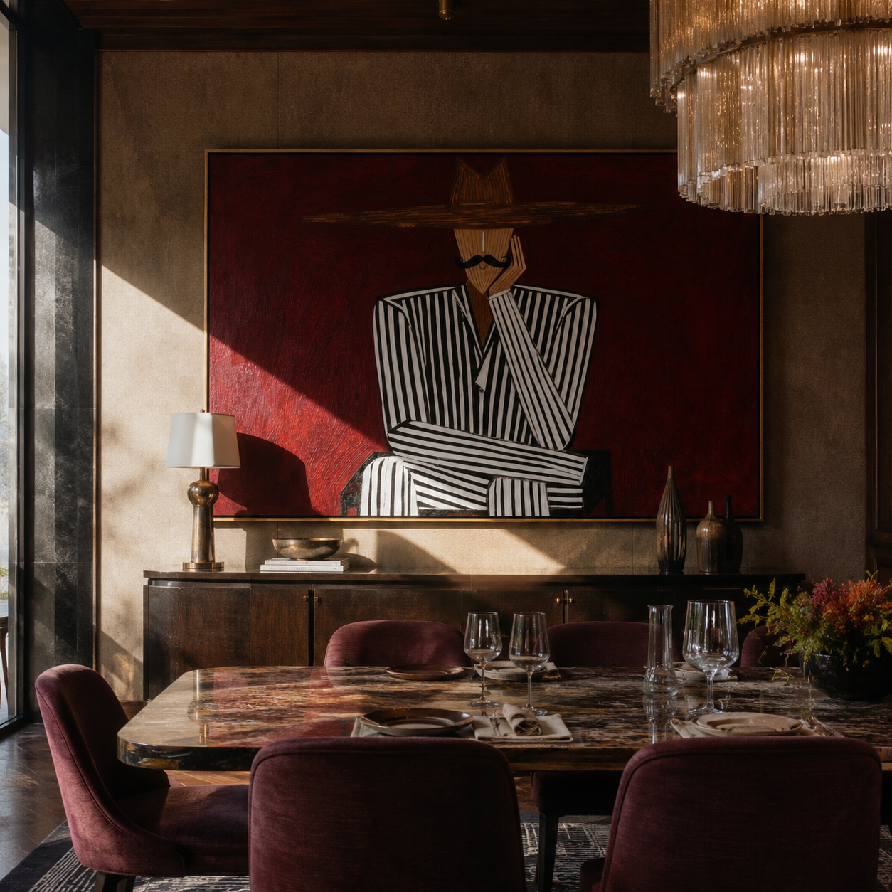 Burgundy Silence Crosses Black Lines - Striped Seated Hat Figure painting by Adrian Lee, mid-century modern horizontal wall art – styled room scene view 4