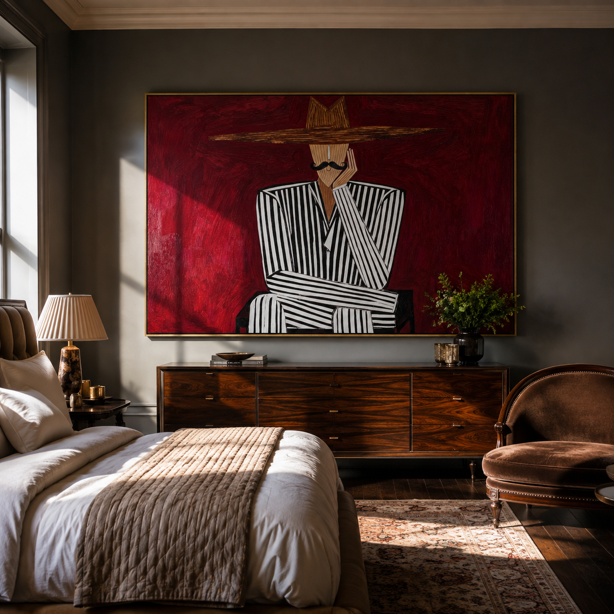 Burgundy Silence Crosses Black Lines - Striped Seated Hat Figure painting by Adrian Lee, mid-century modern horizontal wall art – styled room scene view 5