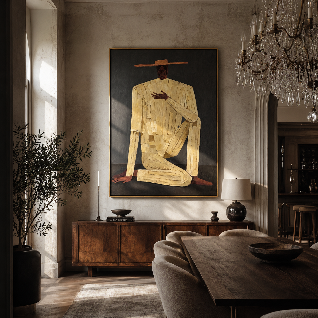 Ivory Gesture Kneels in Charcoal - Kneeling Ivory Suit Figure painting by Adrian Lee, mid-century modern vertical wall art – styled room scene view 1
