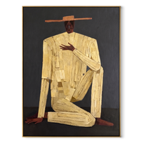 Ivory Gesture Kneels in Charcoal - Kneeling Ivory Suit Figure painting by Adrian Lee, mid-century modern vertical wall art – wood frame on white background