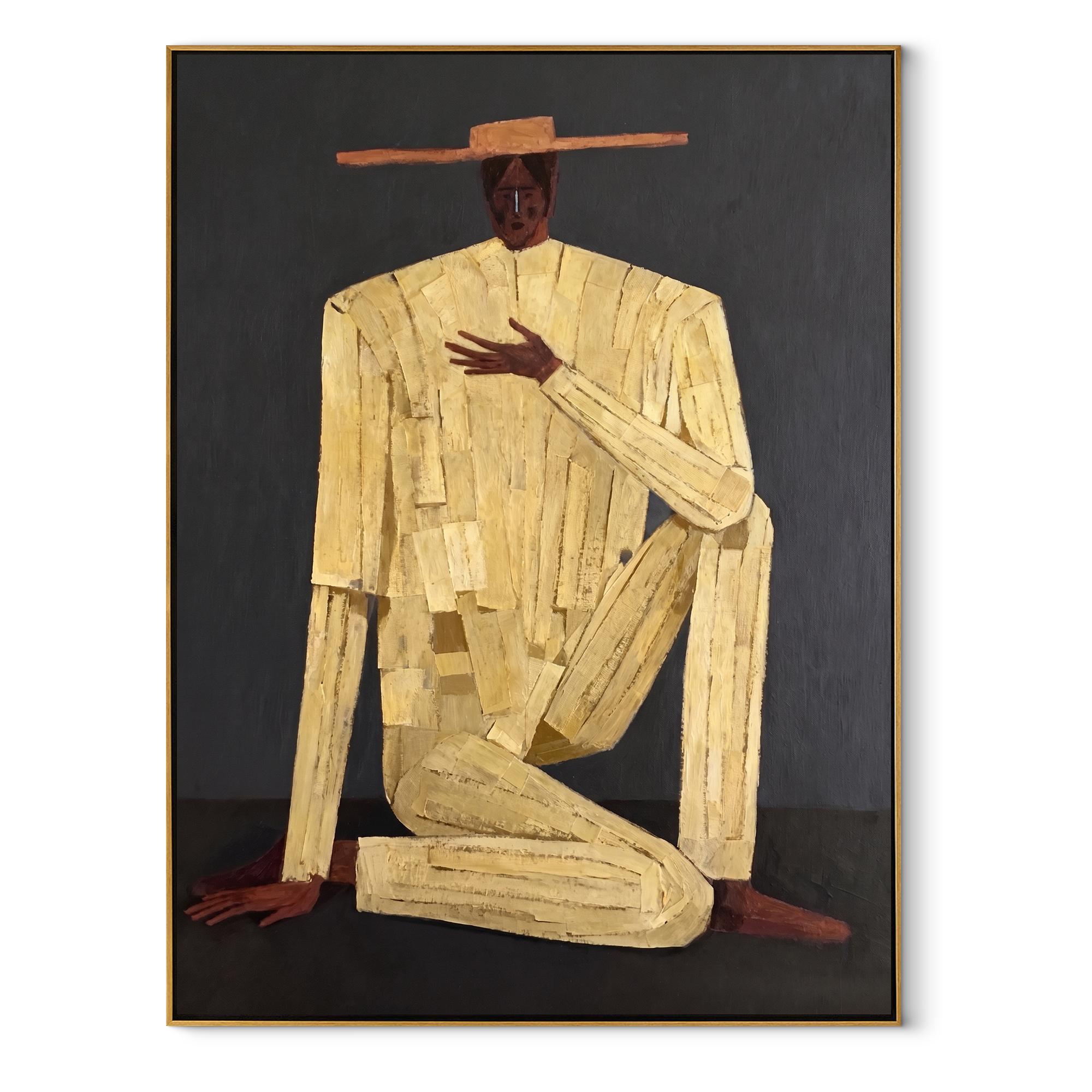 Ivory Gesture Kneels in Charcoal - Kneeling Ivory Suit Figure painting by Adrian Lee, mid-century modern vertical wall art – wood frame on white background