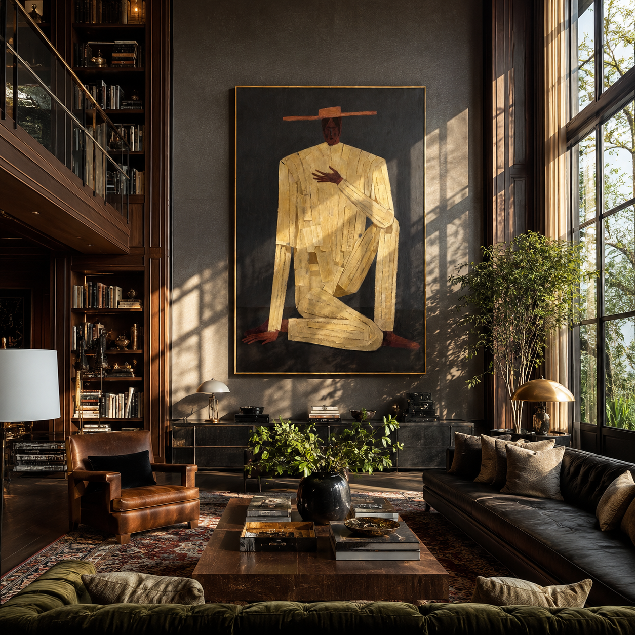 Ivory Gesture Kneels in Charcoal - Kneeling Ivory Suit Figure painting by Adrian Lee, mid-century modern vertical wall art – styled room scene view 2
