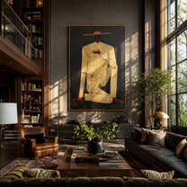 Ivory Gesture Kneels in Charcoal - Kneeling Ivory Suit Figure painting by Adrian Lee, mid-century modern vertical wall art – styled room scene view 2