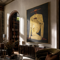 Ivory Gesture Kneels in Charcoal - Kneeling Ivory Suit Figure painting by Adrian Lee, mid-century modern vertical wall art – styled room scene view 3