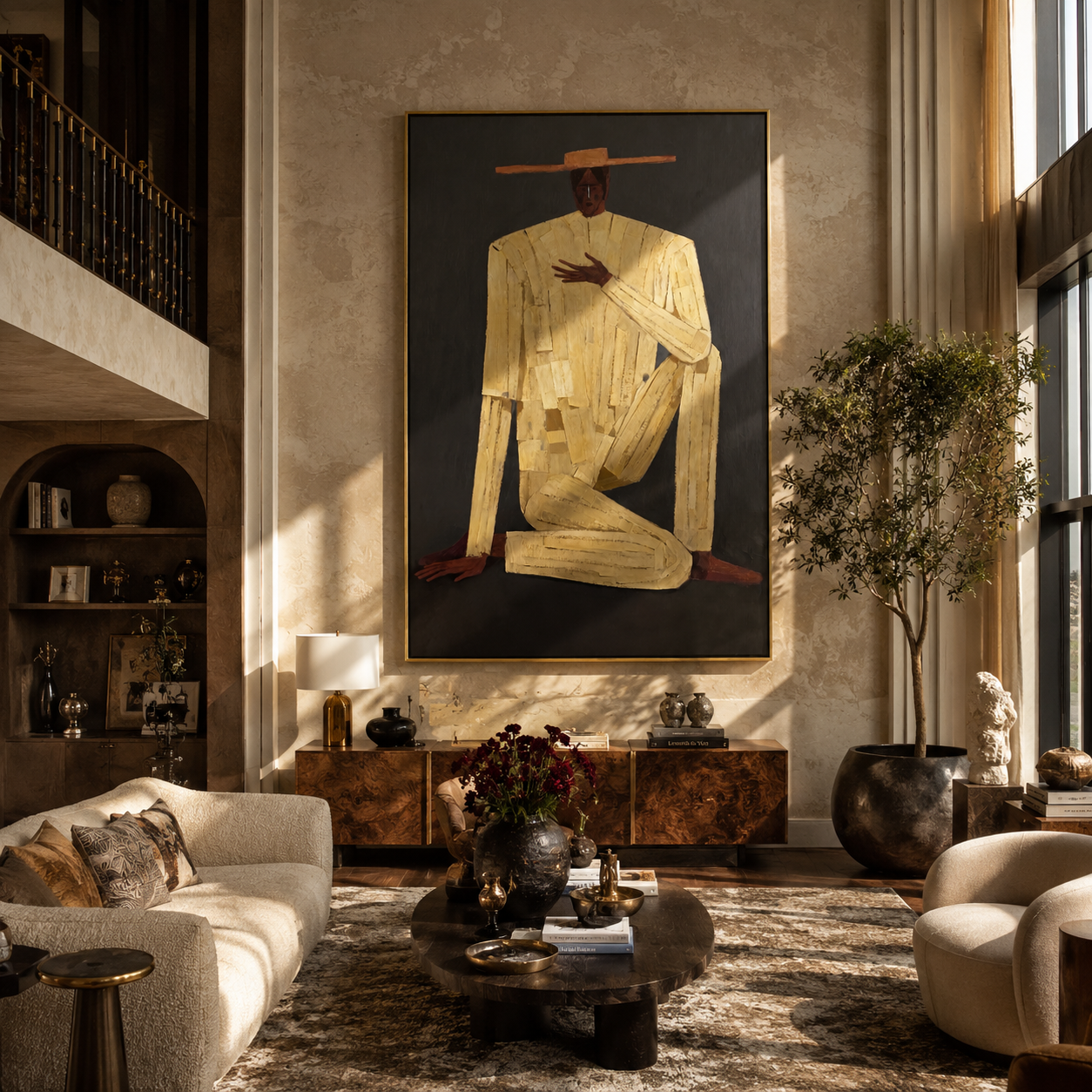 Ivory Gesture Kneels in Charcoal - Kneeling Ivory Suit Figure painting by Adrian Lee, mid-century modern vertical wall art – styled room scene view 4