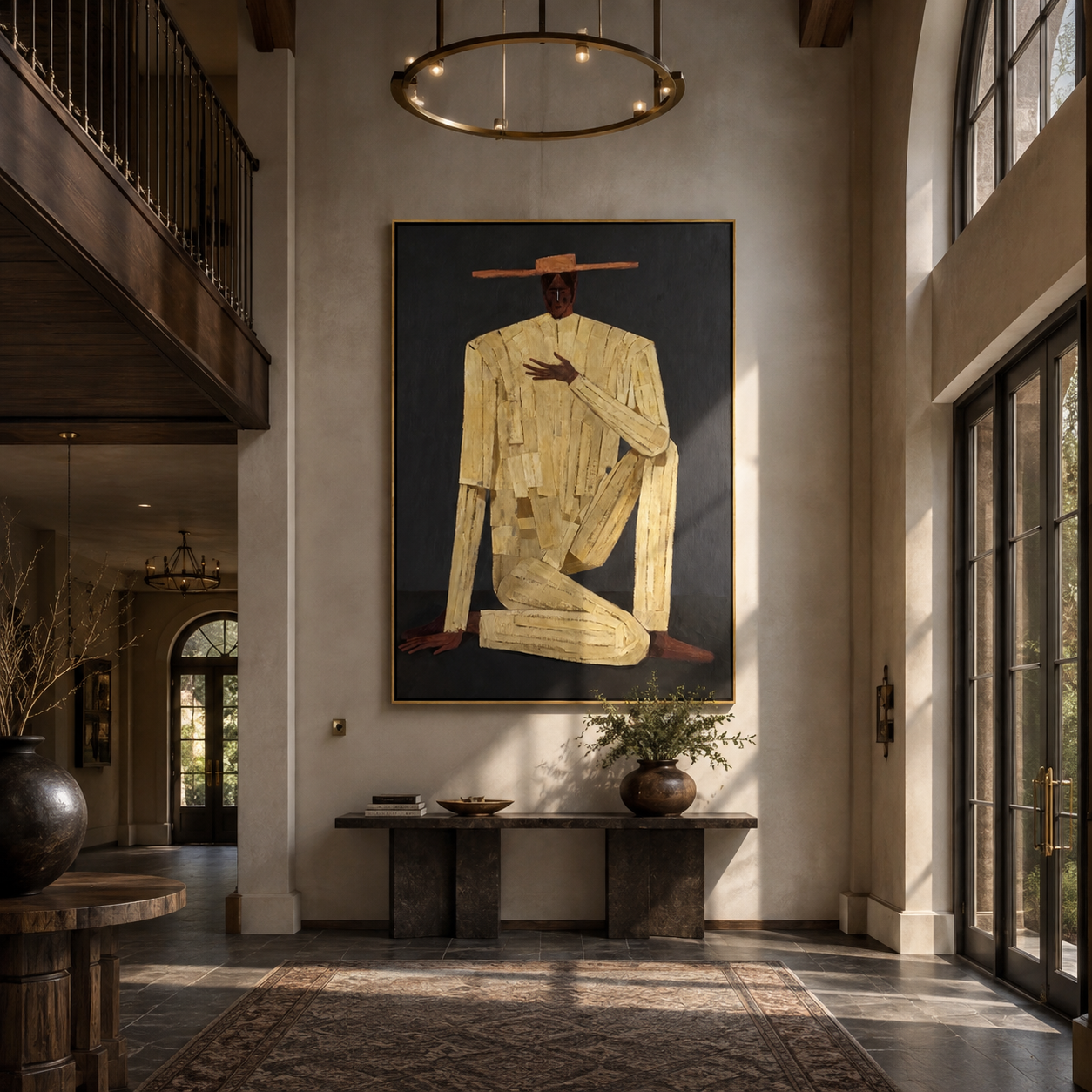 Ivory Gesture Kneels in Charcoal - Kneeling Ivory Suit Figure painting by Adrian Lee, mid-century modern vertical wall art – styled room scene view 5