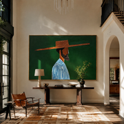 Blue Stripes Face Deep Green - Striped Profile Hat Figure painting by Adrian Lee, mid-century modern horizontal wall art – styled room scene view 1