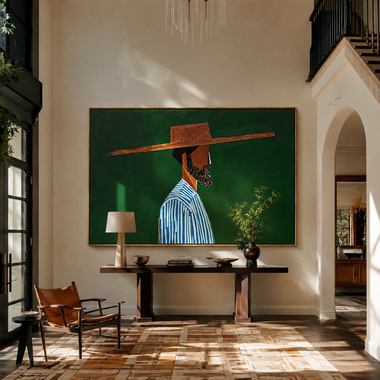 Blue Stripes Face Deep Green - Striped Profile Hat Figure painting by Adrian Lee, mid-century modern horizontal wall art – styled room scene view 1