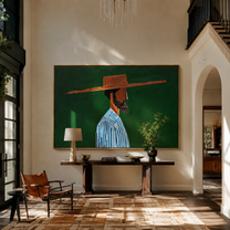 Blue Stripes Face Deep Green - Striped Profile Hat Figure painting by Adrian Lee, mid-century modern horizontal wall art – styled room scene view 1