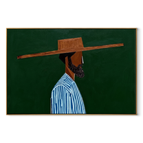 Blue Stripes Face Deep Green - Striped Profile Hat Figure painting by Adrian Lee, mid-century modern horizontal wall art – wood frame on white background