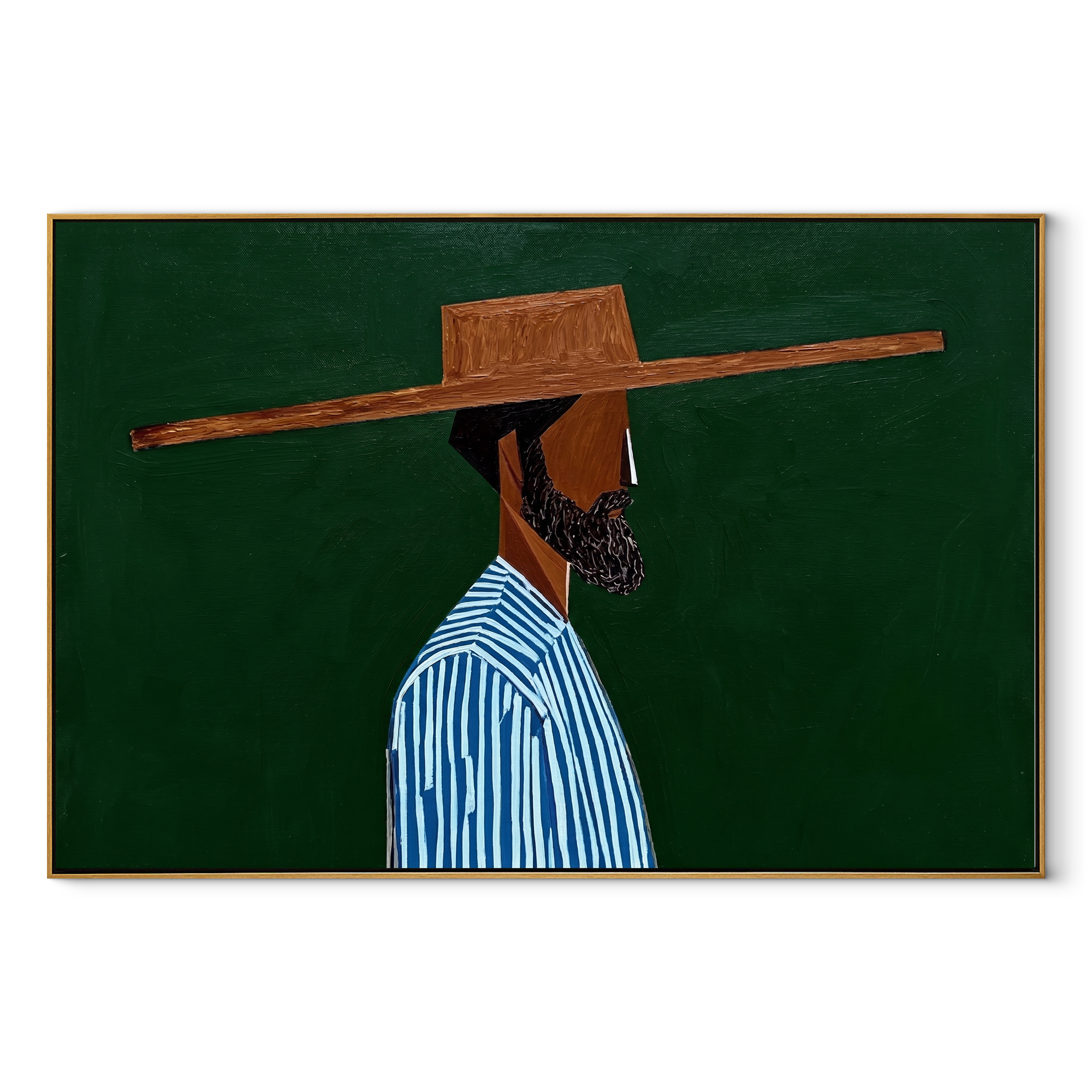 Blue Stripes Face Deep Green - Striped Profile Hat Figure painting by Adrian Lee, mid-century modern horizontal wall art – wood frame on white background