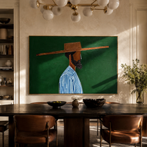 Blue Stripes Face Deep Green - Striped Profile Hat Figure painting by Adrian Lee, mid-century modern horizontal wall art – styled room scene view 2