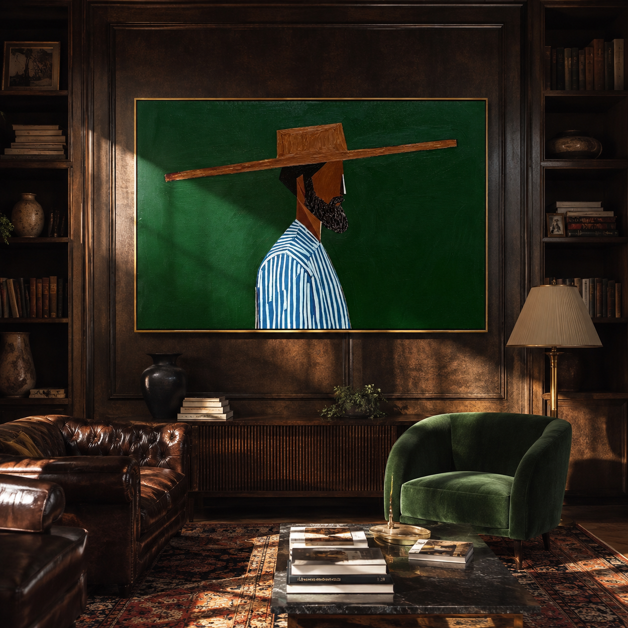 Blue Stripes Face Deep Green - Striped Profile Hat Figure painting by Adrian Lee, mid-century modern horizontal wall art – styled room scene view 3