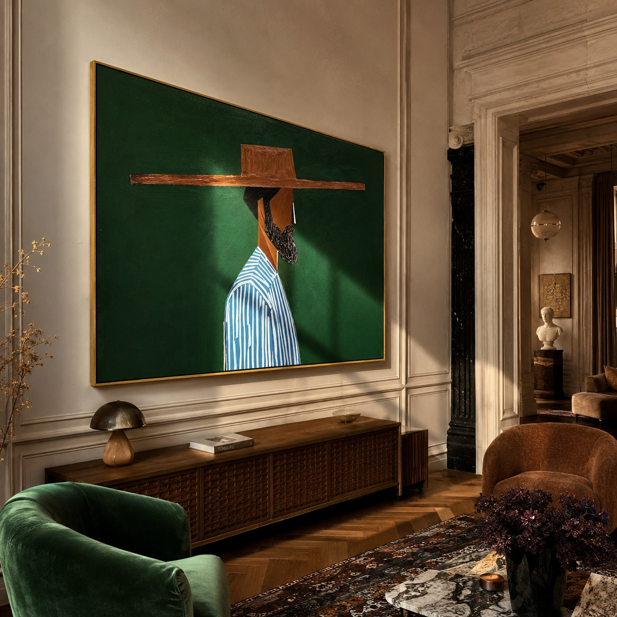 Blue Stripes Face Deep Green - Striped Profile Hat Figure painting by Adrian Lee, mid-century modern horizontal wall art – styled room scene view 4