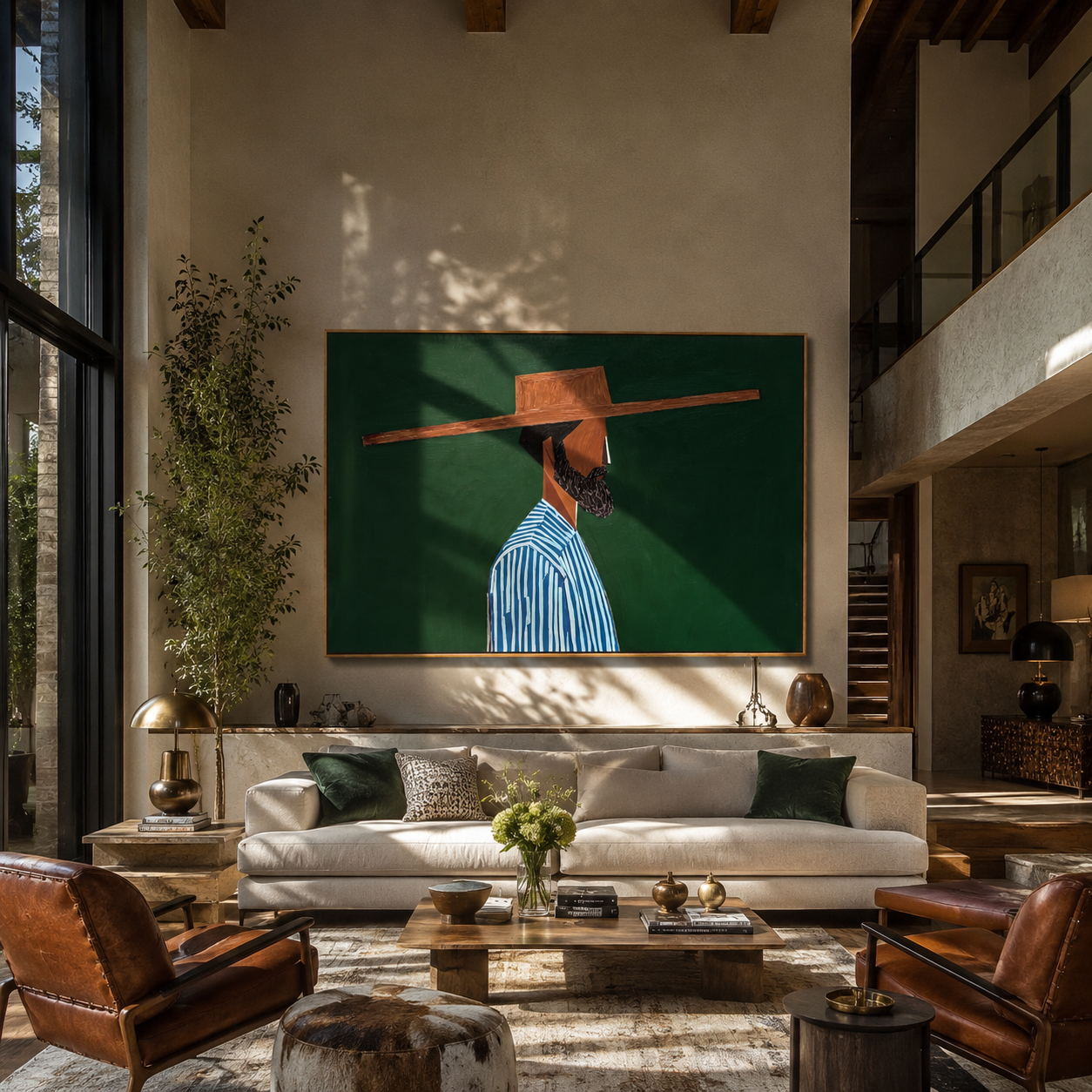 Blue Stripes Face Deep Green - Striped Profile Hat Figure painting by Adrian Lee, mid-century modern horizontal wall art – styled room scene view 5
