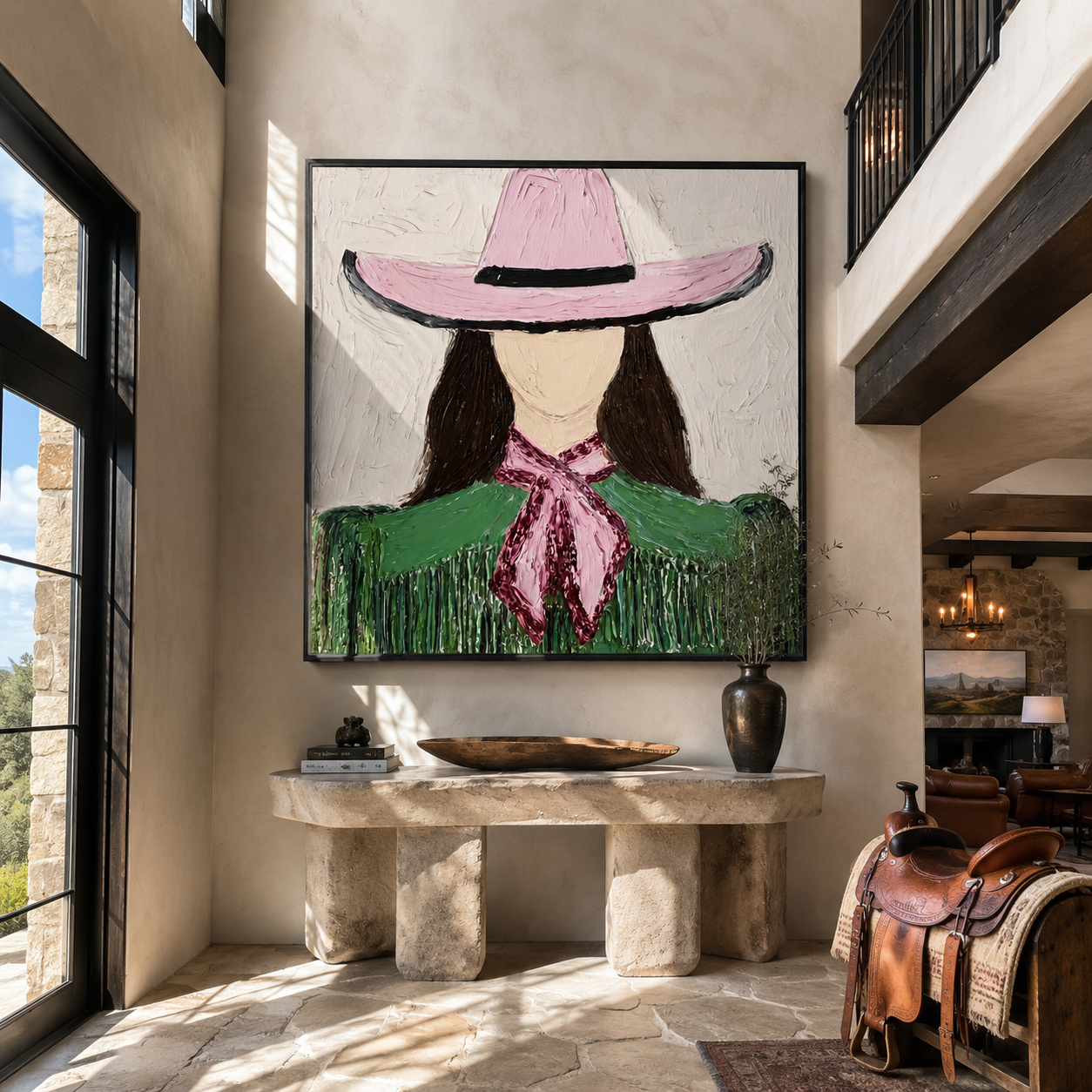 Pink Brim Shelters Green Fringe - Pink Hat Green Figure painting by Adrian Lee, mid-century modern square wall art – styled room scene view 1