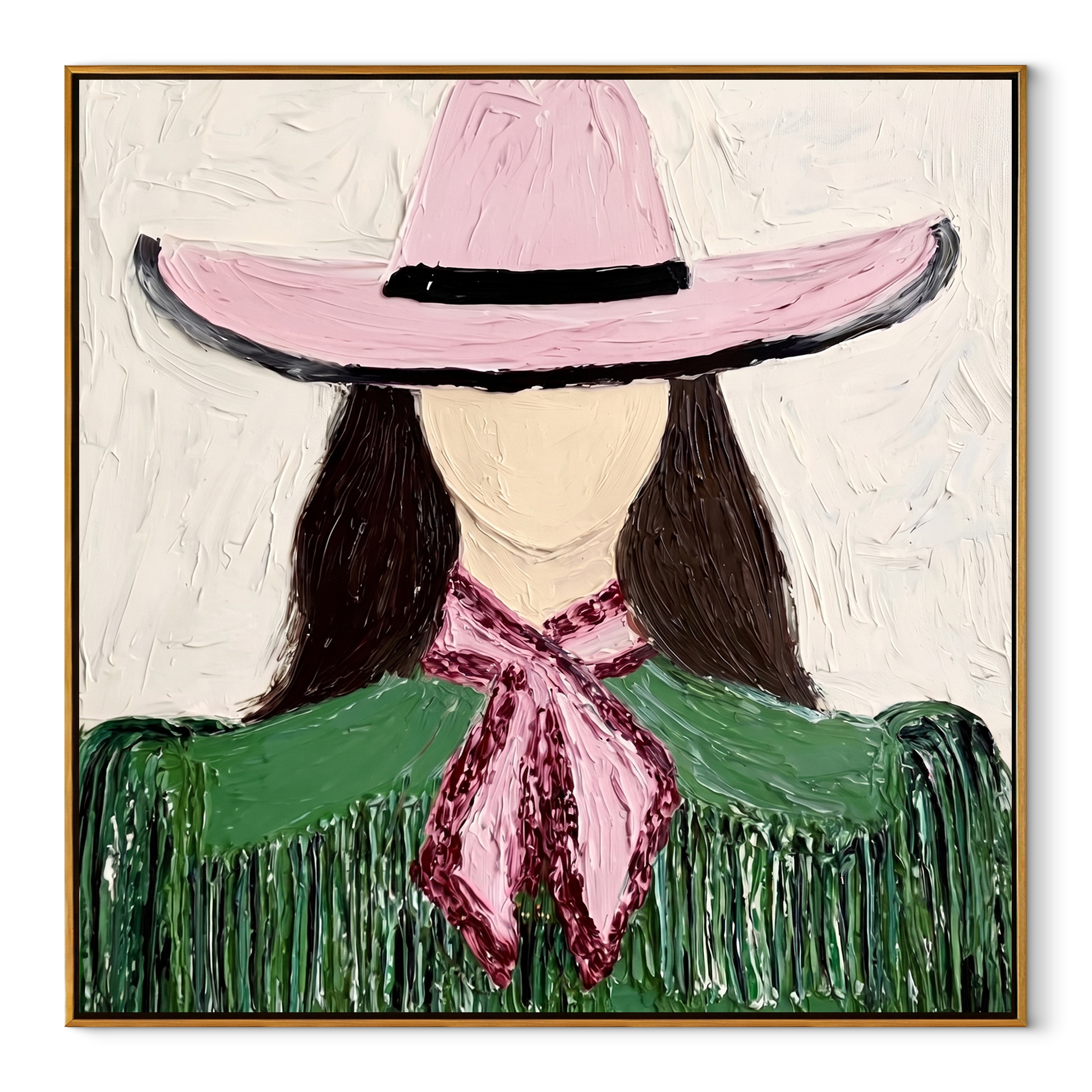 Pink Brim Shelters Green Fringe - Pink Hat Green Figure painting by Adrian Lee, mid-century modern square wall art – wood frame on white background