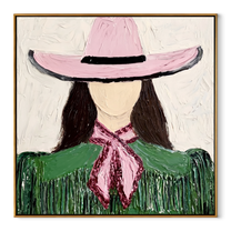 Pink Brim Shelters Green Fringe - Pink Hat Green Figure painting by Adrian Lee, mid-century modern square wall art – wood frame on white background